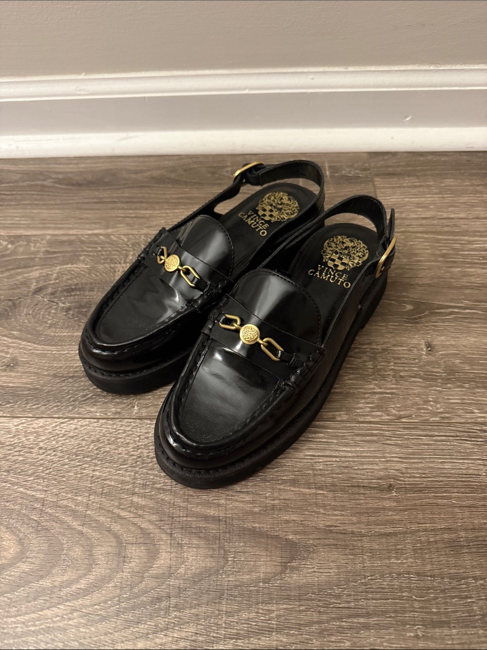 Vince Camuto Black Patent Leather Loafer Slingbacks with Gold Hardware